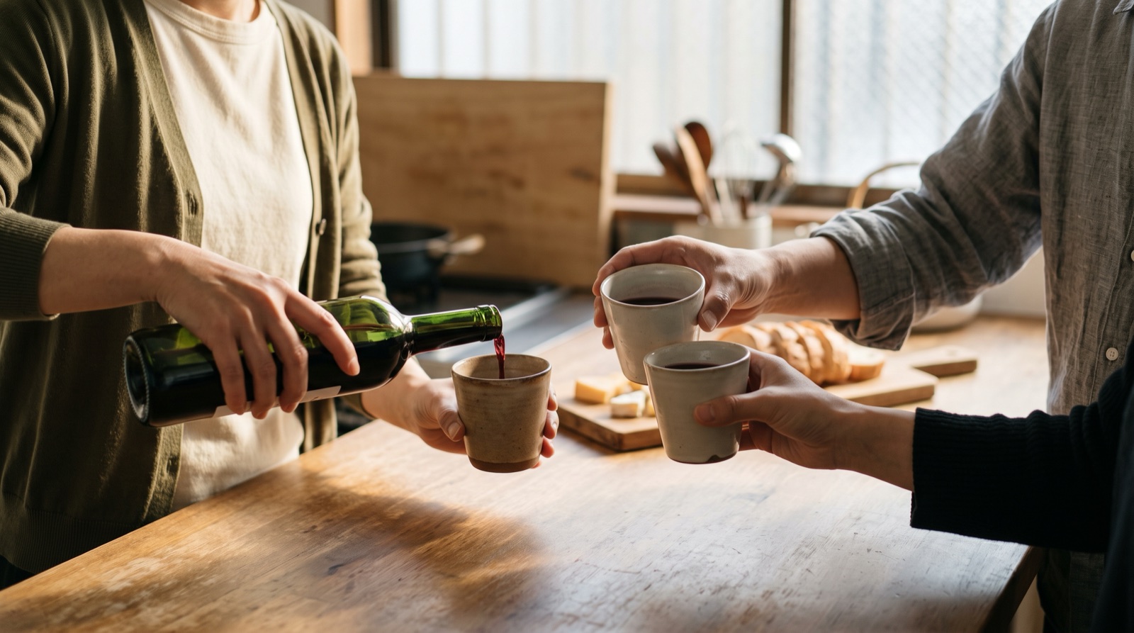 夕方の日が差すキッチンカウンターで、友人3人の手が素朴な陶器のカップに赤ワインを注ぎ、乾杯しようとしている