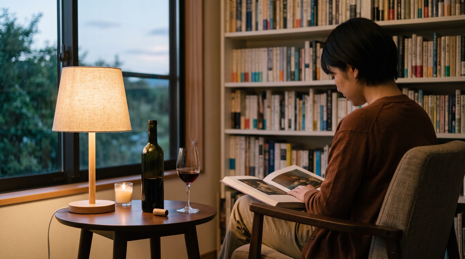 夕暮れの読書スペースで、ランプの灯りの下、肘掛け椅子に座り画集を眺める女性の後ろ姿と赤ワインのグラス