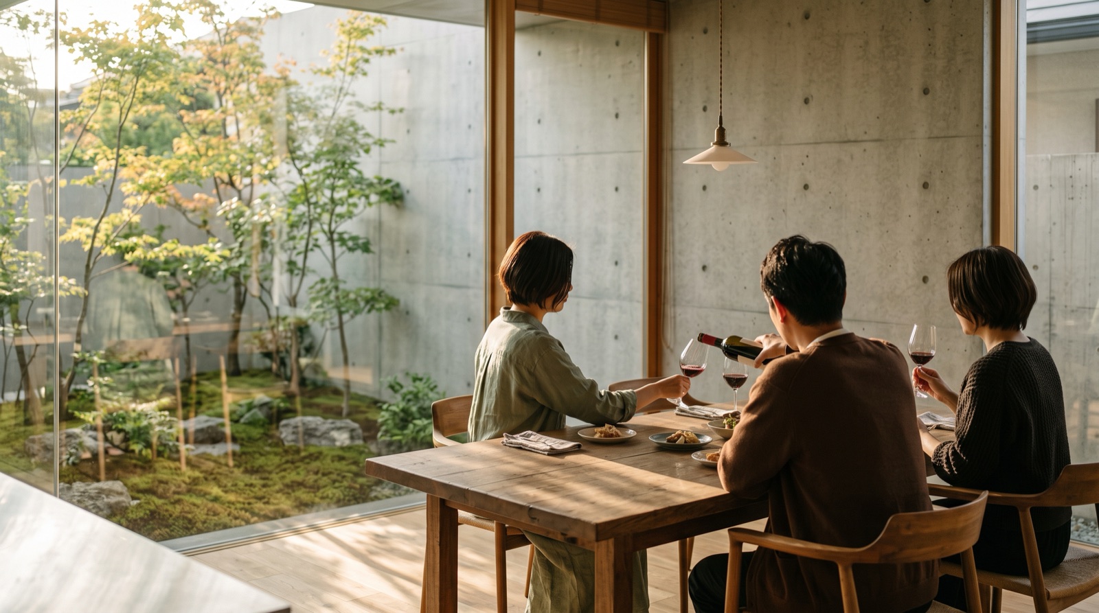 コンクリート打ち放しの家で、午後の光の中テーブルを囲み赤ワインを注ぎ合う友人3人の後ろ姿