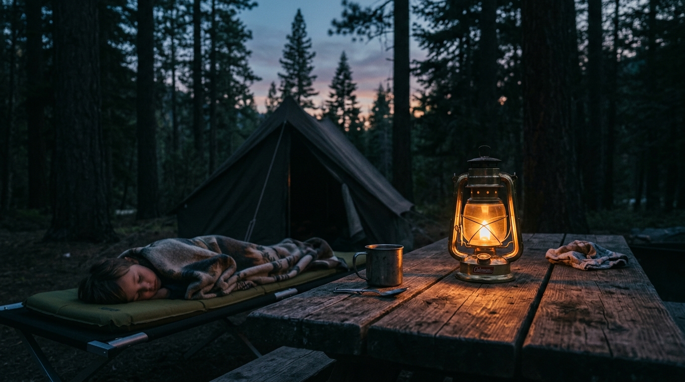 夕暮れの木のテーブルで灯るランタン