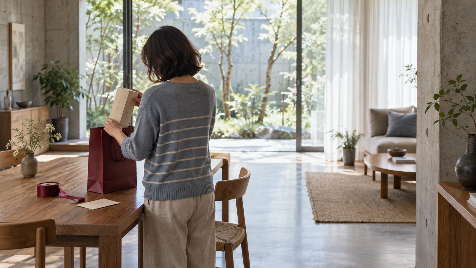 コンクリート打ち放しの明るい部屋で、箱入りのシャンパンを紙袋に入れて贈り物の準備をする女性の後ろ姿