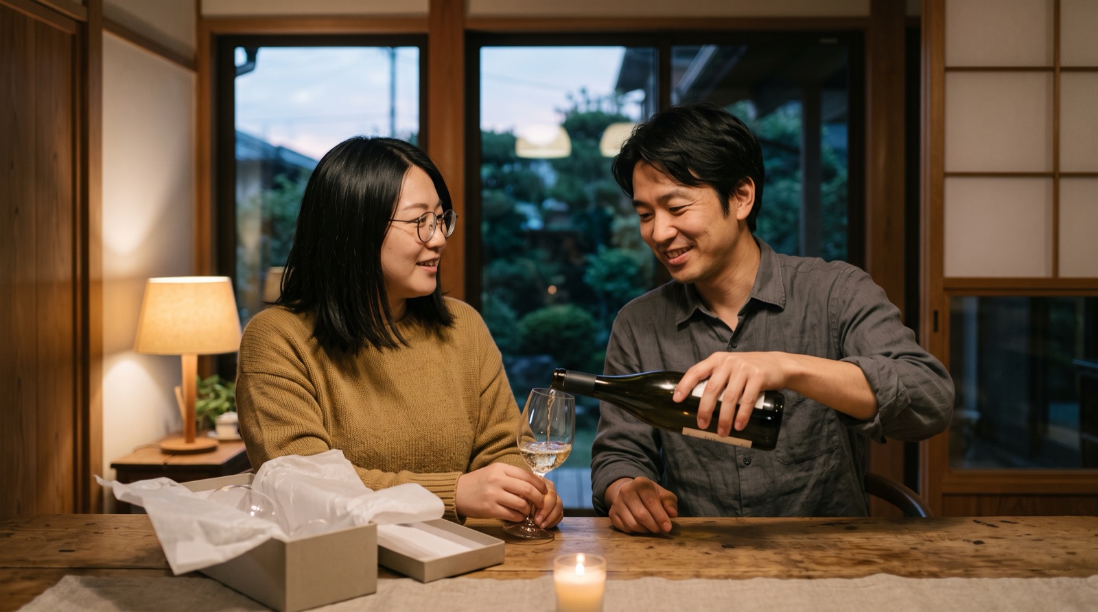 夕方のランプの灯る木の食卓で、贈られたグラスに白ワインを少し注ぎ合い笑顔で話す30代の男女