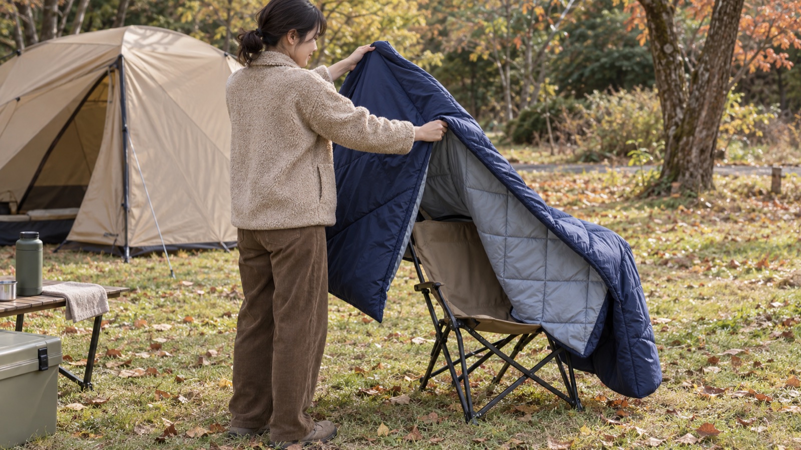 秋の晴れた昼前のキャンプ場で、封筒型の寝袋を広げてチェアに掛け、天日干しする人