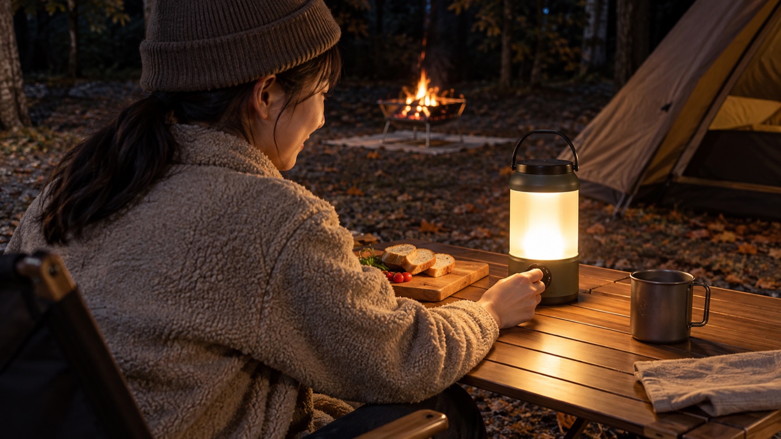 夜のキャンプサイトで、テーブルに置いたLEDランタンの明るさをつまみで調整するソロキャンパーの手元
