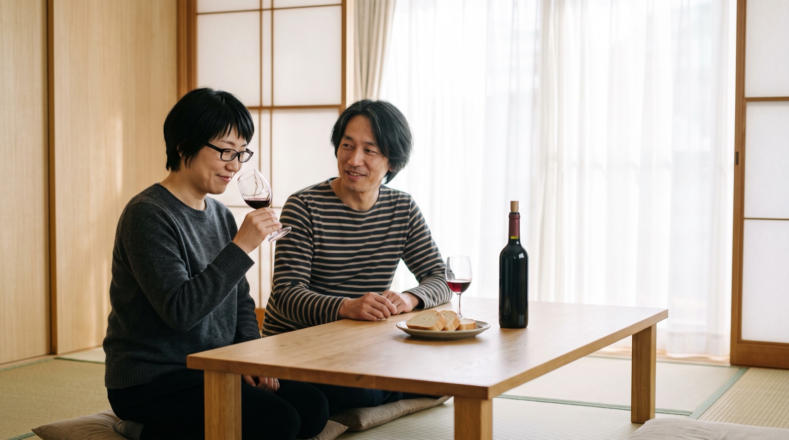 障子越しの昼の光が入る和室で、赤ワインの色を眺めながら会話を楽しむ40代の夫婦