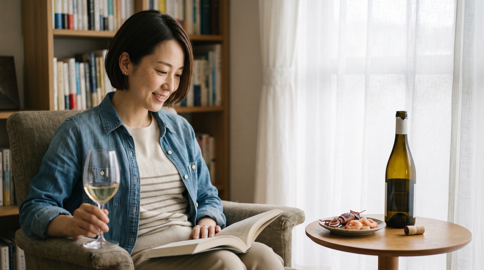 柔らかな昼の光が入る読書コーナーで、白ワインのグラスを手に本を読みながら微笑む女性