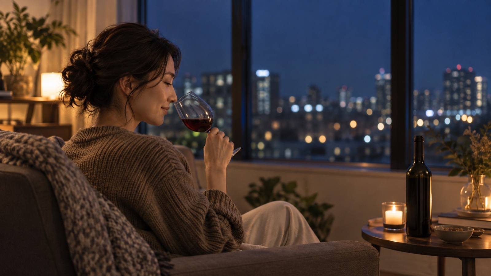 夜景が見える窓辺で一人がキャンドルの灯りの中、明るい色の赤ワインをグラスで静かに味わう様子