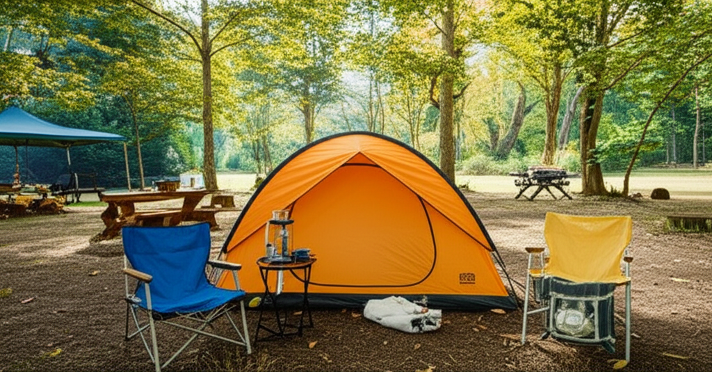 キャンプライトで照らされた夜のキャンプサイトの様子